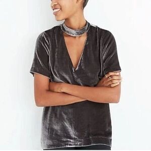 Madewell Gray Velvet Choker V Neck Blouse Top Size Small Velour